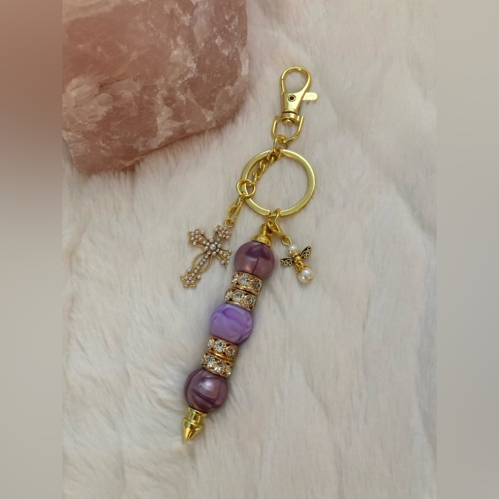 ✝️FAITH HANDMADE PURSE LOBSTER CLASP KEYCHAIN INCLUDES CROSS & ANGEL CHARM